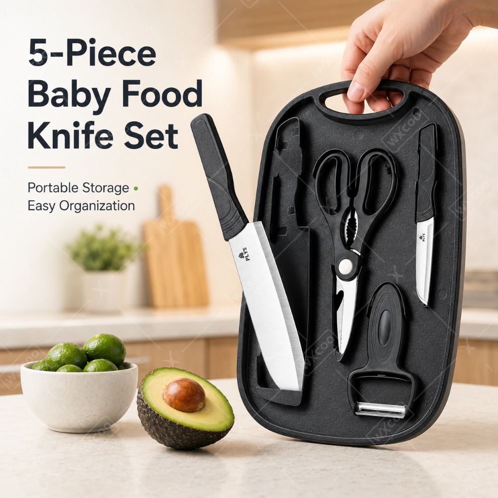 Baby Food Utensils Set - Baby-Nahrungszubereitungs-Messerset Schneidebrett Edelstahl-Utensilien Schäler Schere Reise-Set