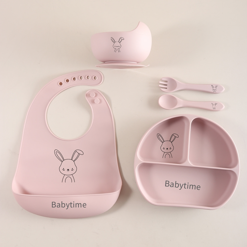 Baby Food Utensils Set - 5-teiliges Häschen-Baby-Utensilien-Set, Entwöhnungsset aus lebensmittelechtem Silikon