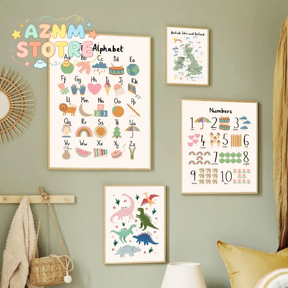 Baby Food Oil - Tierweltkarte Dinosaurier Alphabet Zahlen Leinwand Wandkunst