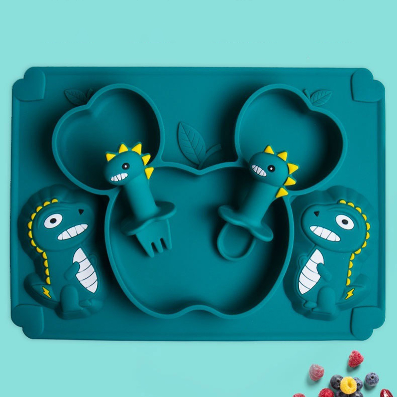 Baby Food Utensils Set - Baby Dinosaurier Silikon Geschirr Lernen Löffel